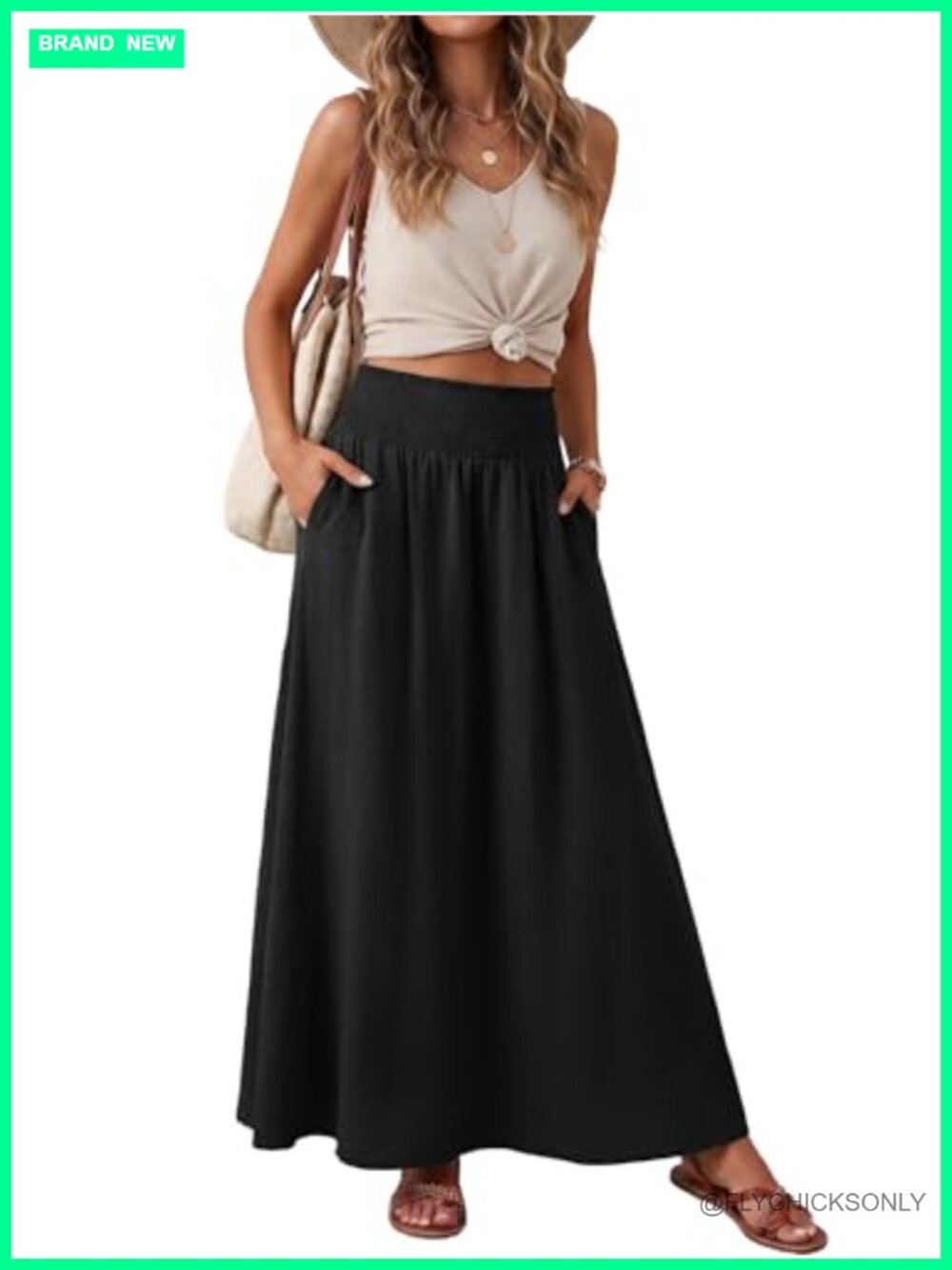 Women's Smocked High Waisted Maxi Skirt with Pockets Flowy Boho Beach
